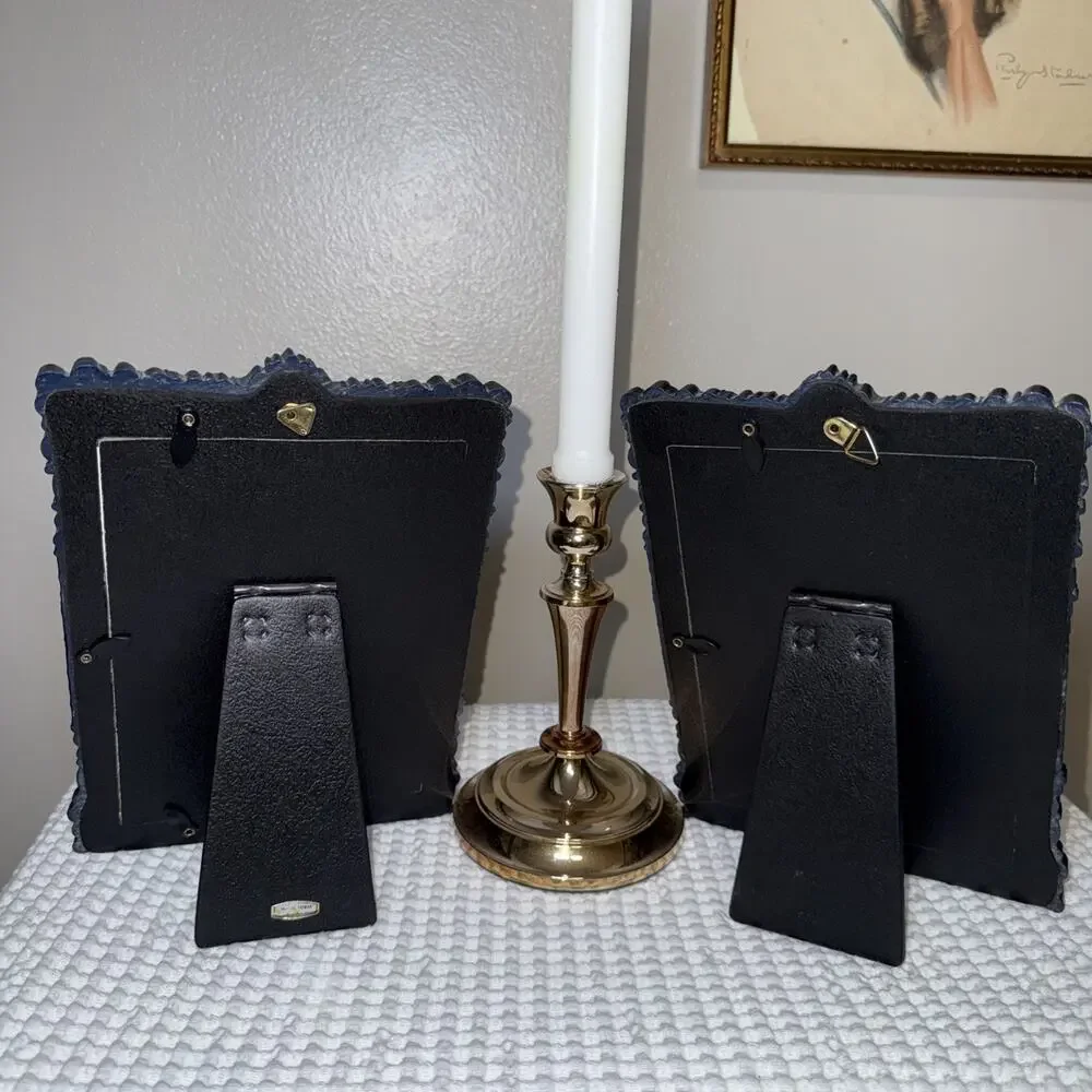 Vintage Hollywood Regency Navy Blue Gold 5x7 Picture Frames Set of 2 Ornate